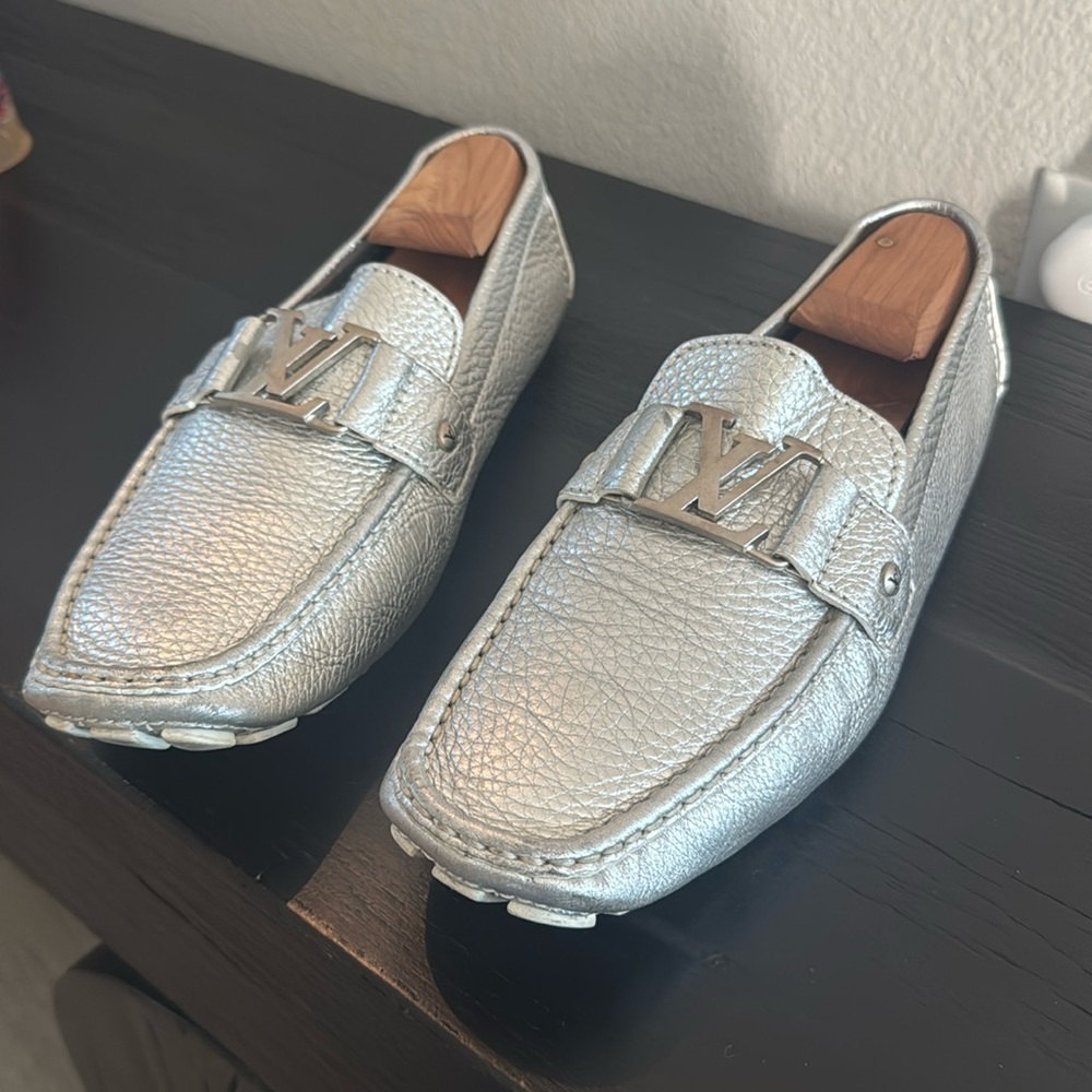 Louis Vuitton silver metallic loafers